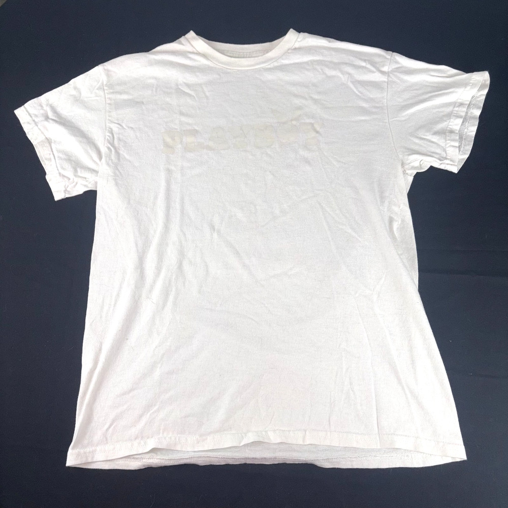 Playboy Bunny Logo Tee Mens M White on White Graphic T-Shirt 100% Cotton